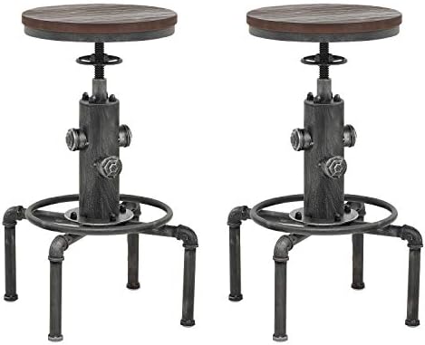 Topower Antique Vintage Industrial Barstool Solid Wood Water Pipe Fire Hydrant Design Cafe Coffee Industrial Bar Stool Set of 2 Silver