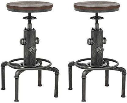 Topower Antique Vintage Industrial Barstool Solid Wood Water Pipe Fire Hydrant Design Cafe Coffee Industrial Bar Stool Set of 2 Silver