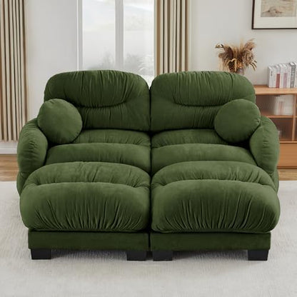 81.8" Cloud Modular Sectional Sofa Couch for Living Room, Green 2 Seater Couch with Double Ottomans, Assembly Required, Chenille Fabric, Apartment Size Furniture for Home Living Room Nature