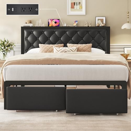 Queen Bed Frame with 2 Storage Drawers, Upholstered Headboard Button Tufted Bed Frame with Charging Station, No Box Spring Needed, Noise-Free, All Metal Structure, Black