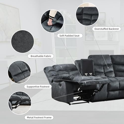EBELLO Manual Reclining Sectional Sofa Set for Living Room, Soft Fabric Recliner Corner Sectional Couch with Center Console, Cup Holder and Storage, Grey