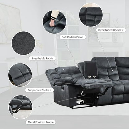 EBELLO Manual Reclining Sectional Sofa Set for Living Room, Soft Fabric Recliner Corner Sectional Couch with Center Console, Cup Holder and Storage, Grey