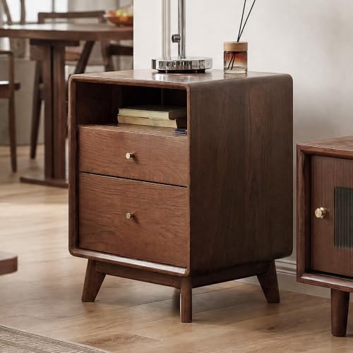 100% Solid Wood Nightstand, Walnut Nightstands with Open Storage & 2 Drawers, Mid Century Modern Nightstands, 24" H Tall Night Stand, Wooden Bedside Table for Bedroom