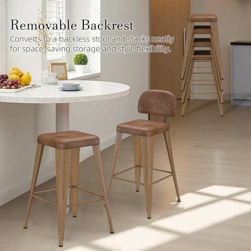 26 Inch Metal Bar stools Set of 4, Upholstered Counter Height Bar Stools with Removable Back & Metal Legs, Industrial Barstools for Kitchen Island, Cafe (Camel Seat, Wood-Grain Legs)
