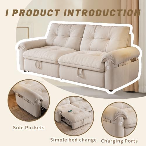 77" Convertible Queen Sofa Bed with USB Port & Side Pockets, White