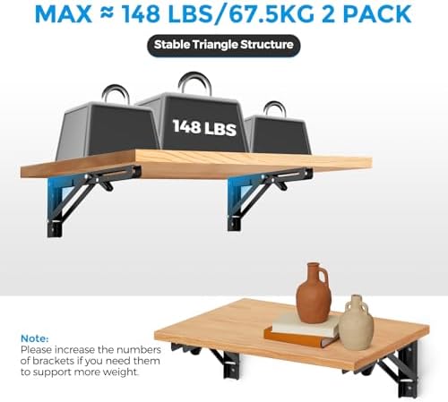 Matte Black Folding Shelf Brackets, 10 Inch, 6 Pack