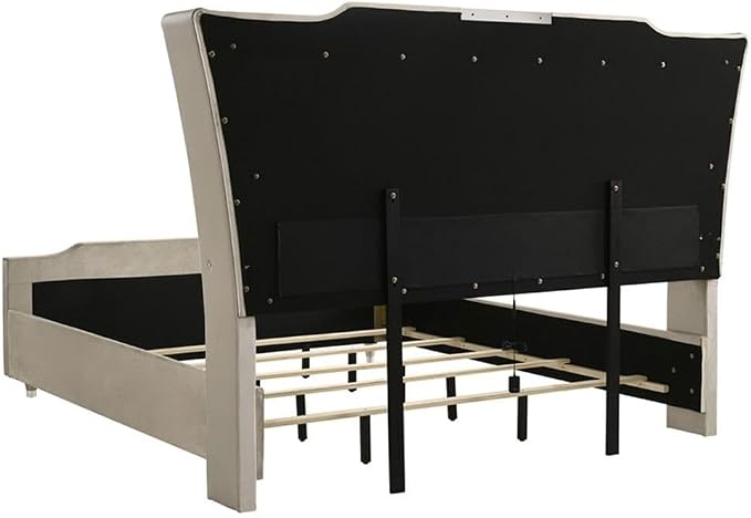 Pemberly Row 4-Piece Velvet Eastern King Bedroom Set, Camel and Ivory Finish, LED Wingback Bed, Fireplace Dresser with Glass Top, USB Nightstand, Tufted Mirror, Plush Modern Design for Master Bedrooms