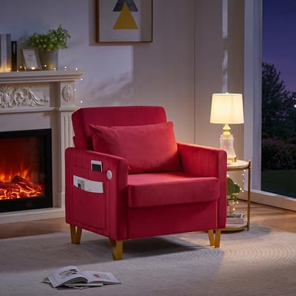 Accent Chair Set of 2 Modern Velvet Accent Chair with USB Port and Storage Comfy Reading Chair Armchair with Throw Pillow for Living Room Apartment Office (Rose Red)