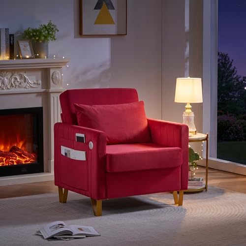 Accent Chair for Living Room Modern Velvet Accent Chair with USB Port and Storage Comfy Reading Chair Armchair with Throw Pillow for Apartment Office (Rose Red)