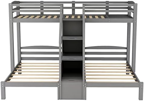 Harper & Bright Designs Triple Bunk Bed for Kids,Twin Over Twin Bunk Beds for 3, Wooden Bunk Beds with Storage Stairs and Litter Drawer for Girls Boys Teens,Grey