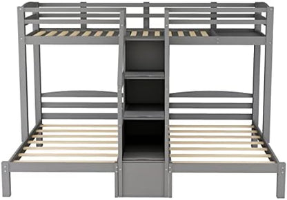 Harper & Bright Designs Triple Bunk Bed for Kids,Twin Over Twin Bunk Beds for 3, Wooden Bunk Beds with Storage Stairs and Litter Drawer for Girls Boys Teens,Grey