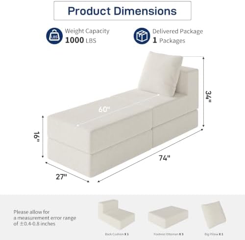 Living&Giving Cloud Sectional Couch for Living Room, Modular Boneless Couch with 1 Ottoman, Middle-seat Can Be Combined with Modular Sofa, Customizable Layout for Any Space, Beige