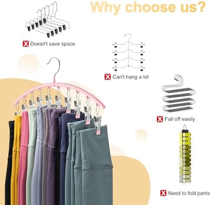 Metal Yoga Pants Hangers 1 Pack w/10 Clips Holds 10 Leggings, Space Saving Hanging Closet Organizer w/Rubber Coated Closet Organizers and Storage, Pink