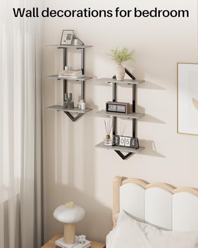 3 Tier Floating Wall Shelves, Set of 2 Decorative Wooden Shelf