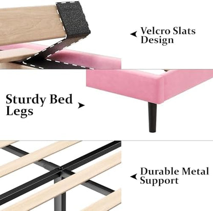 Gruwans Queen Size Bed Frame with Upholstered Wingback Headboard, Easy Assemnly Platform Bed, Wooden Slat Support No Box Spring Needed, Pink Velvet