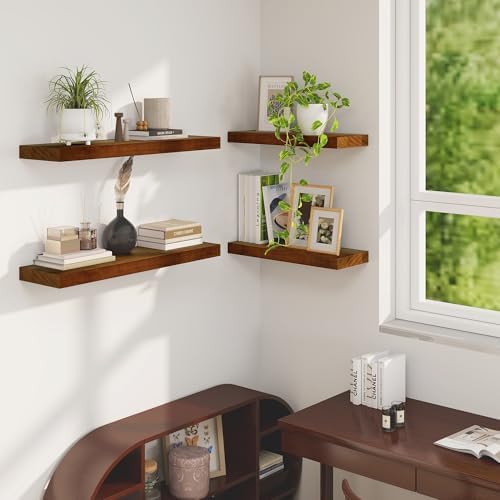 Floating Shelves, 9.3'' Deep Solid Pine Wood Wall Shelves for Storage, Wall Mounted Display Shelf with Invisible Heavy-Duty Metal Bracket, 24'' Width Set of 2, Walnut