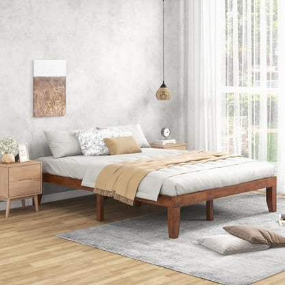KOMFOTT 14 Inches Wood Platform Bed Frame Queen Size, Wooden Mattress Foundation with Rubber Wood Frame, Strong Wooden Slat Support, No Box Spring Needed, Bed Frame (Brown Cherry)