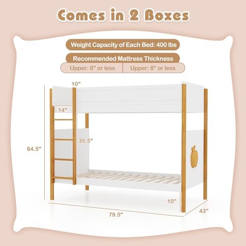 GIANTEX Twin Over Twin Bunk Bed, Solid Wood Bunk Bed Frame w/Integrated Ladder & Safety Guardrails, Space-Saving Convertible 2-in-1 Bunk Beds for Kids, Teens, No Box Spring Needed, White+Natural