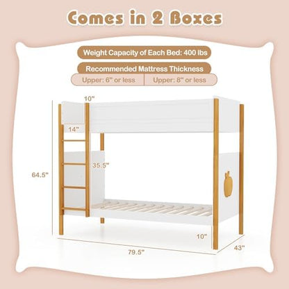 GIANTEX Twin Over Twin Bunk Bed, Solid Wood Bunk Bed Frame w/Integrated Ladder & Safety Guardrails, Space-Saving Convertible 2-in-1 Bunk Beds for Kids, Teens, No Box Spring Needed, White+Natural