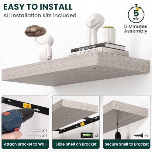 12 Inch Deep Floating Shelves Grey, 36 Inch Long, 2" Thick Floating Shelves for Wall, Hidden Bracket, Scratch-Resistant Wood Grain for Bedroom Bathroom Kitchen, Coffee Bar, Bookshelf