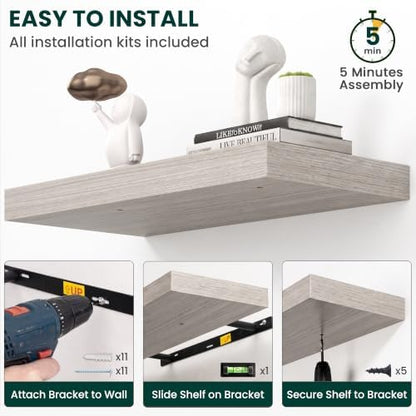 12 Inch Deep Floating Shelves Grey, 36 Inch Long, 2" Thick Floating Shelves for Wall, Hidden Bracket, Scratch-Resistant Wood Grain for Bedroom Bathroom Kitchen, Coffee Bar, Bookshelf