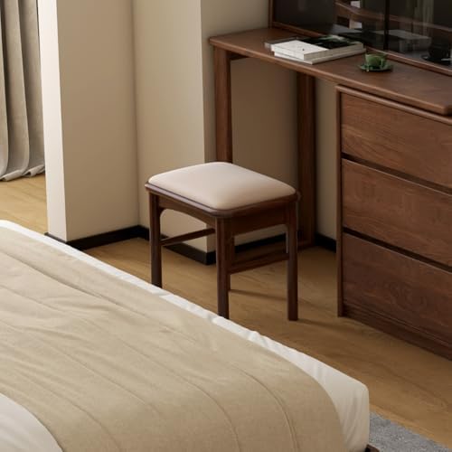 17.7'' Leather Upholstered Dining Ottoman with 100% Solid Oak Wood Ottoman Frame, Small Padded Foot Rest Stool Bench for Dining Kitchen Entryway, Champagne