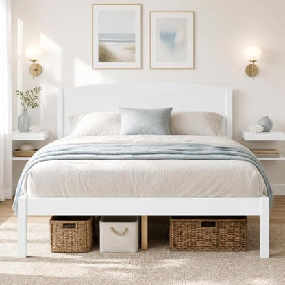 KOMFOTT Full Size Bed Frame, Wooden Platform Bed with Curved Headboard