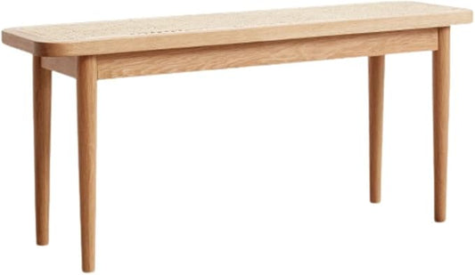 31.5'' Natural Rattan Dining Bench with 100% Solid Oak Wood Bench Frame, Bed End Shoe Ottoman for Kitchen Bedroom Entryway, Natural Oak