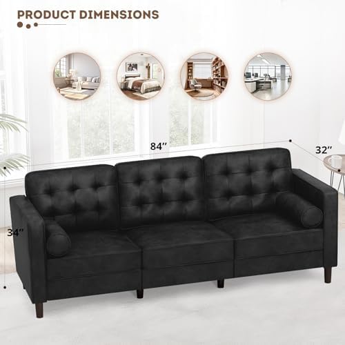 84" Suede Leather Modern Sofa with Bolster Pillows, Black