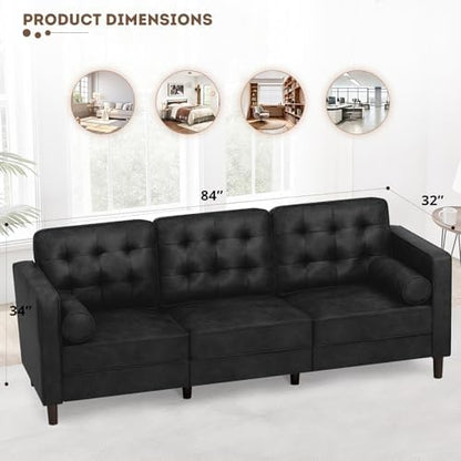 84" Suede Leather Modern Sofa with Bolster Pillows, Black