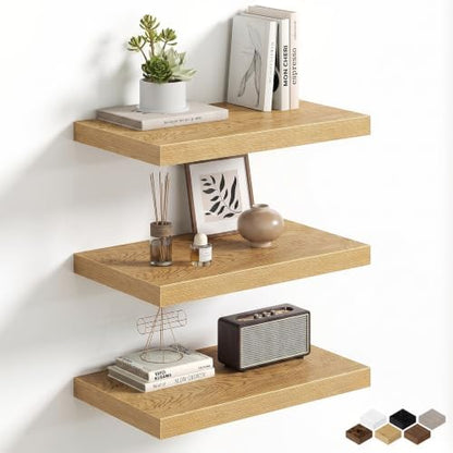 Floating Shelves Set of 3, 12 Inch Deep Floating Shelves with Heavy Duty Brackets, 20'' Rustic Wood Wall Mounted Shelf for Bathroom, Bedroom, Living Room & Kitchen, Modern Home Decor Storage, Oak