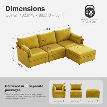ABCASA 102.6" L Shaped Modular Sectional Couch with Washable Chenille Cover, 4 Seater Deep Seat Sofa with Storage Ottoman & Reversible Chaise for Living Room, Pet-Friendly, Yellow