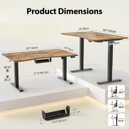 TIQLAB 55x30 Extra Deep Standing Desk with Cable Cart, Rustic Brown