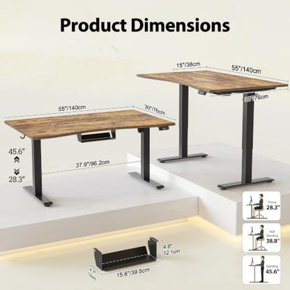 TIQLAB 55x30 Extra Deep Standing Desk with Cable Cart, Rustic Brown