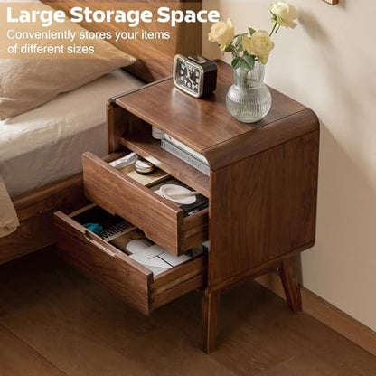 Solid Wood Nightstand, Walnut Night Stand with 2 Drawers and Open Storage, Mid Century Modern Nightstands for Small Space, Bedside Table for Bedroom, Dorm(23.23" H)