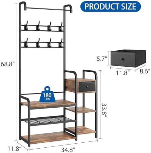 CABIHOME Hall Tree Shoe Bench for Entryway, Coat Rack Entryway Bench with Storage Drawer, 5-In-1 Coat Rack Storage Shelf and 8 Hooks, Coat Tree for Small Spaces, Retro Brown