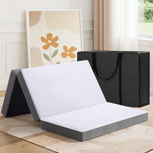 MASVIS Trifold Mattress, 4 Inch Memory Foam Foldable Mattress with Washable Cover, Tri-Folding Floor Bed for Camping, Full