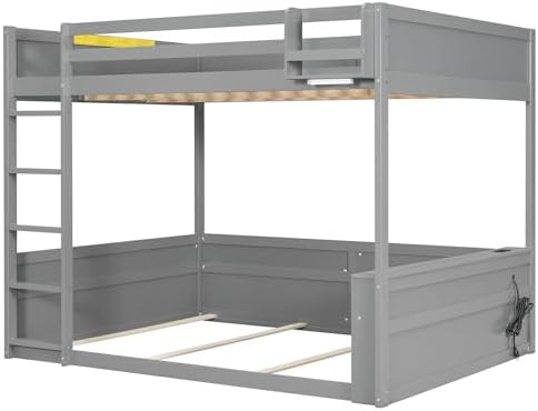 Queen over Queen Bunk Bed with Ladders, Solid Wood Bunk Beds with LED Lights, Built-in Shelves and USB Ports, Floor Bunk Bed Frame for Kids, Boys, Girls, No Spring Box Needed, Gray