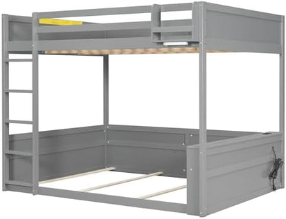 Queen over Queen Bunk Bed with Ladders, Solid Wood Bunk Beds with LED Lights, Built-in Shelves and USB Ports, Floor Bunk Bed Frame for Kids, Boys, Girls, No Spring Box Needed, Gray