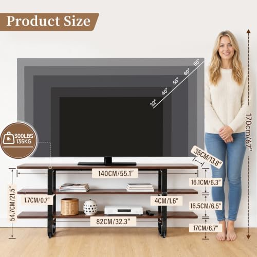 Tiita Walnut TV Stand for 65-Inch TVs, 3-Tier Storage, Modern Media Console