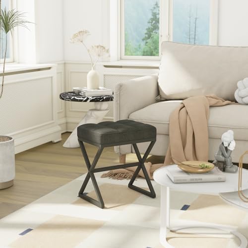 YMYNY Vanity Stool, Linen Footrest Stool, Ottoman Bench with X-Shaped Metal Legs, Makeup Dressing Stool for Vanity, Living Room, Bedroom, Entryway, Hallways 15.74" D×11.81" W×18.11" H Black UHBD033B