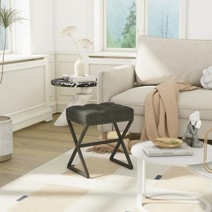 YMYNY Vanity Stool, Linen Footrest Stool, Ottoman Bench with X-Shaped Metal Legs, Makeup Dressing Stool for Vanity, Living Room, Bedroom, Entryway, Hallways 15.74" D×11.81" W×18.11" H Black UHBD033B