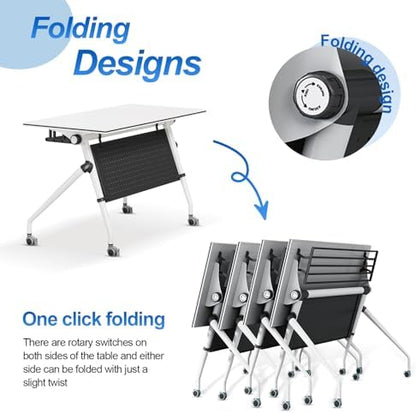 Folding Conference Table, Conference Room Tables with Wheels Foldable Large Rectangle Meeting Seminar Table for 6-12 People, Flip Top Mobile Training Table for Office Classr (2, White+Gray, 55.1in)
