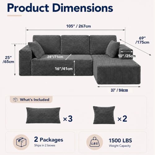 105" Modular Boneless Couch, L Sectional Couches for Living Room