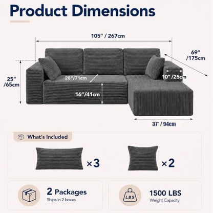 105" Modular Boneless Couch, L Sectional Couches for Living Room