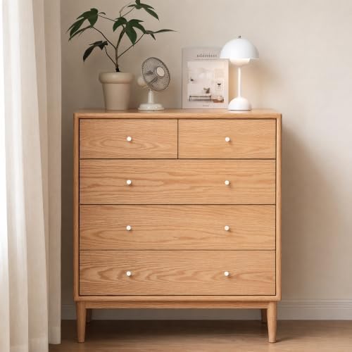 Solid Wood Dresser, 5 Drawer Dresser for Bedroom, Solid Wood Storage Organizer, Modern Chest of Drawers for Living Room, Hallway, Closet, Natural Oak (21" W x 16" D x 31" H)