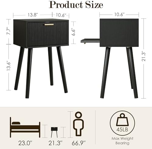 Night Stand, Black Nightstand with Fluted Door, Small Modern Mid-Century Bedside Table for Bedroom, End Table for Living Room