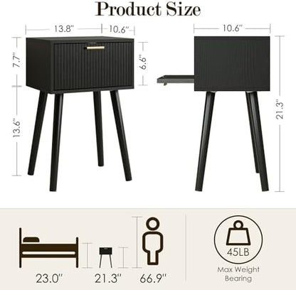 Night Stand, Black Nightstand with Fluted Door, Small Modern Mid-Century Bedside Table for Bedroom, End Table for Living Room