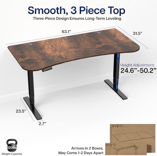 VIVO Electric Standing Desk, Smooth 3-Piece 63" x 32" Vintage Brown Top