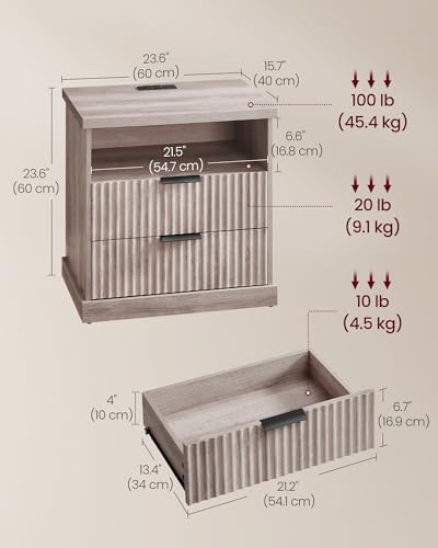 VASAGLE Nightstand with Charging Station, 2 Drawers, Open Shelf